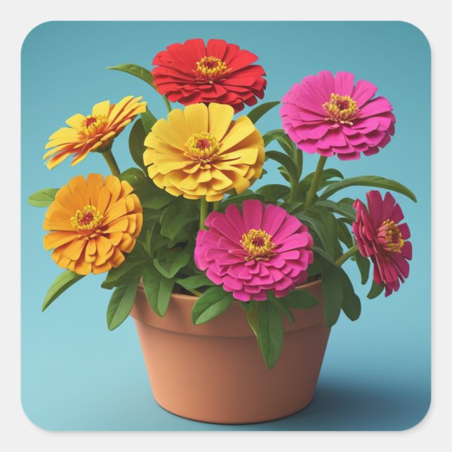 Vibrant Floral Botanical Art, Zinnia Flowers Square Sticker (Front)