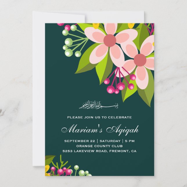 Vibrant Floral Bouquet Baby Girl Aqiqah Invitation (Front)