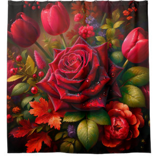 “Vibrant Floral Bouquet with Raindrops Shower Curtain