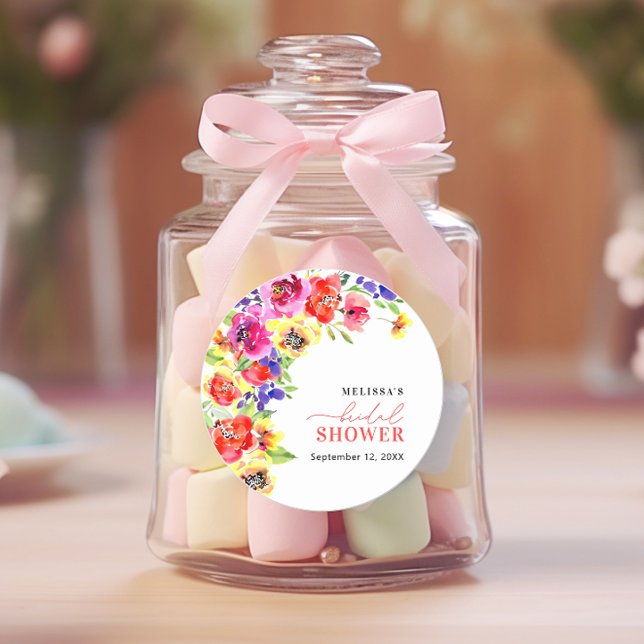 Vibrant Floral Bridal Shower Favour Classic Round Sticker (Creator Uploaded)