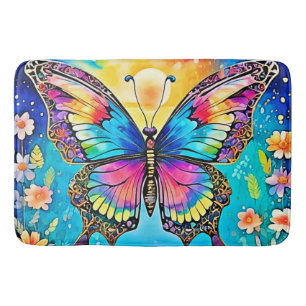 Vibrant Floral Butterfly Glow Design Bath Mat