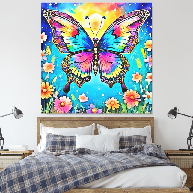 Vibrant Floral Butterfly Glow Design Canvas Print (Insitu(Bedroom))