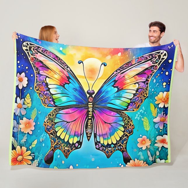 Vibrant Floral Butterfly Glow Design Fleece Blanket (In Situ)