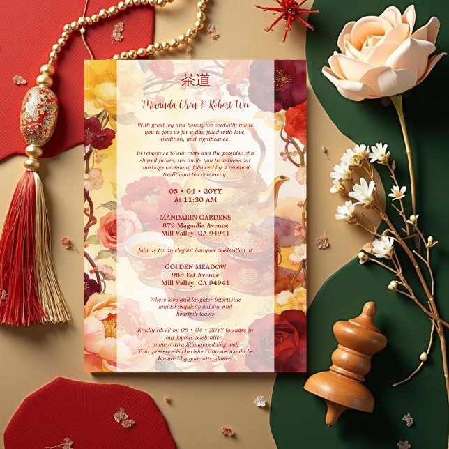 Vibrant Floral Chinese Tea Ceremony Wedding Invitation (Colorful Chinese Tea Ceremony Wedding Invitation Cadrs.)