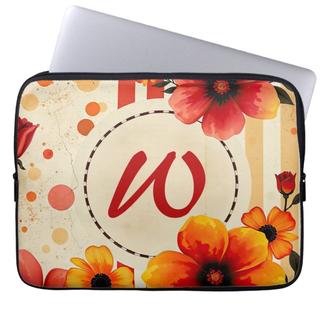 Vibrant Floral Distressed Watercolor Chic Monogram Laptop Sleeve (Front)