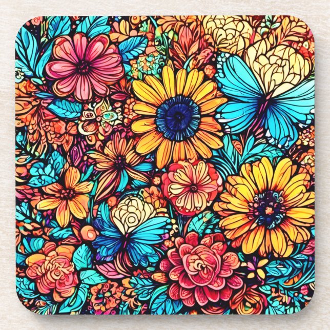 Vibrant Floral Doodle Explosion Coaster (Front)