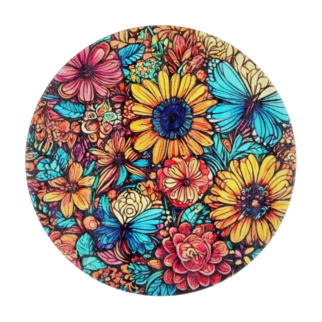 Vibrant Floral Doodle Explosion Cutting Board (Front)