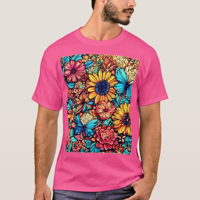 Vibrant Floral Doodle Explosion T-Shirt (Front)
