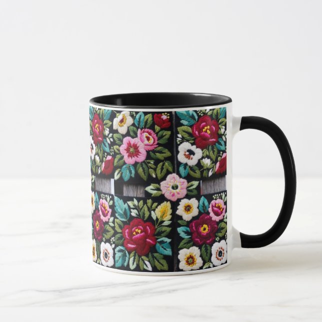 Vibrant Floral Embroidery Quartet on Black Mug