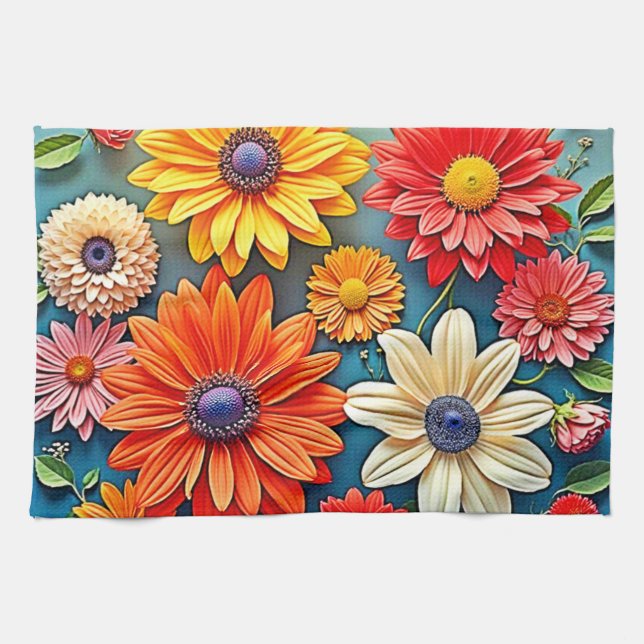 Vibrant Floral Fantasy Design Tea Towel (Horizontal)