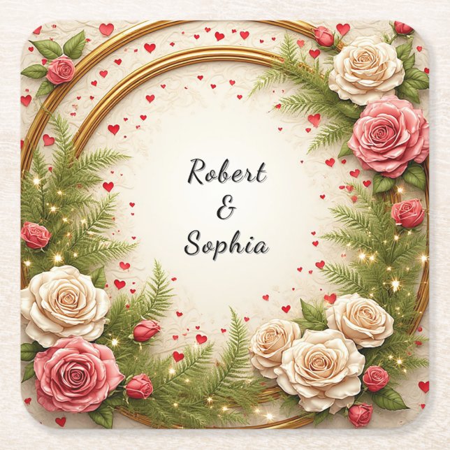 Vibrant Floral Frame Design Square Paper Coaster (Front)