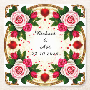 Vibrant Floral Frame Design Square Paper Coaster