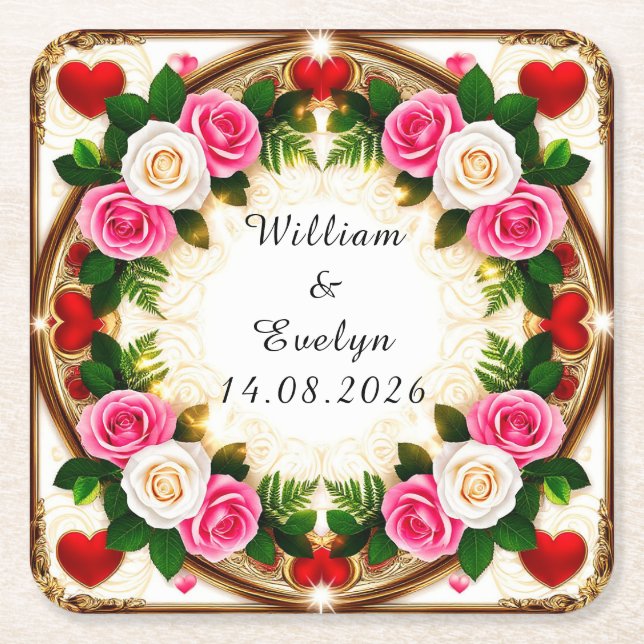 Vibrant Floral Frame Design Square Paper Coaster (Front)