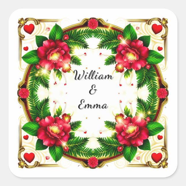Vibrant Floral Frame Design Square Sticker (Front)
