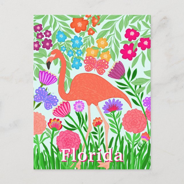Vibrant Floral Garden Flamingo Design Postcard (Front)