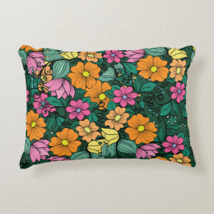 Vibrant Floral: Green Background Vintage. Decorative Cushion