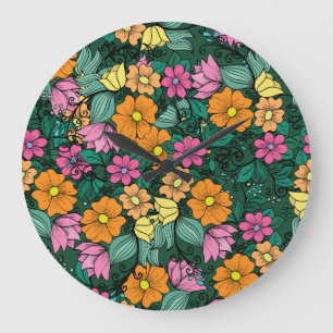 Vibrant Floral: Green Background Vintage. Large Clock