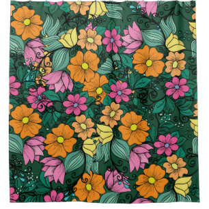 Vibrant Floral: Green Background Vintage. Shower Curtain