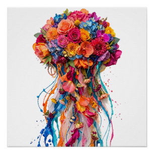 Vibrant Floral Jellyfish Fantasy with Dripping Hue Poster
