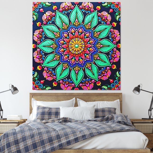 Vibrant Floral Mandala Art Canvas Print (Insitu(Bedroom))