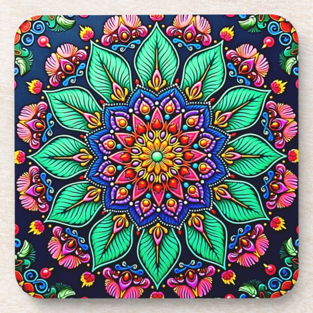 Vibrant Floral Mandala Art Coaster (Front)