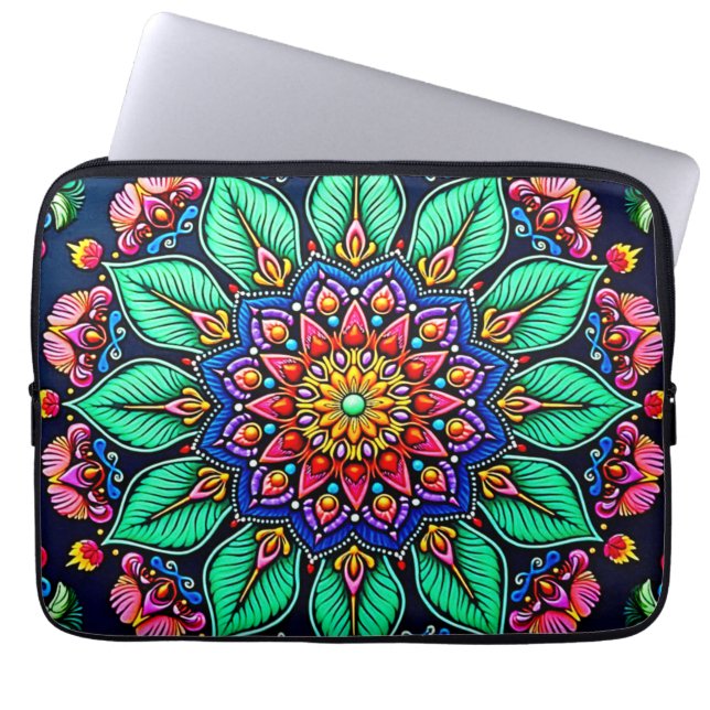 Vibrant Floral Mandala Art Laptop Sleeve (Front)