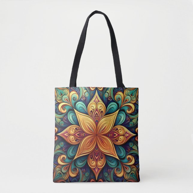 Vibrant Floral Mandala Artwork Tote Bag (Front)