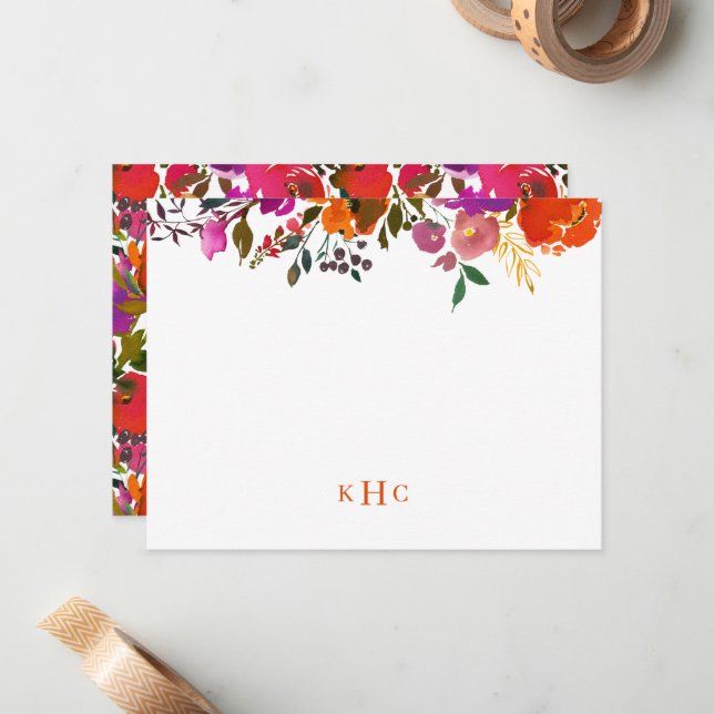 Vibrant Floral Monogrammed Stationery Note Card (Front/Back In Situ)