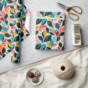 Vibrant Floral Motif Pattern in Teal, Navy, Pink Wrapping Paper