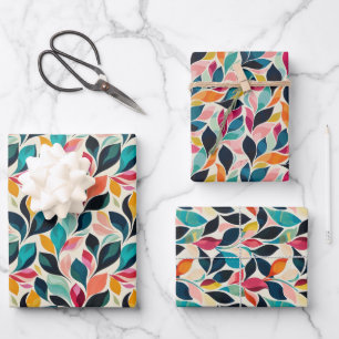 Vibrant Floral Motif Pattern in Teal, Navy, Pink Wrapping Paper Sheet