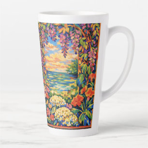 Vibrant Floral Ocean Sunset Garden – Fauve Latte Mug