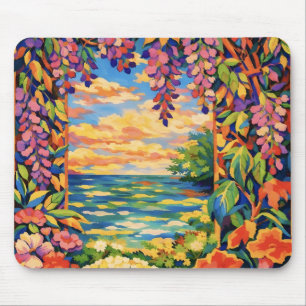 Vibrant Floral Ocean Sunset Garden – Fauve Mouse Mat