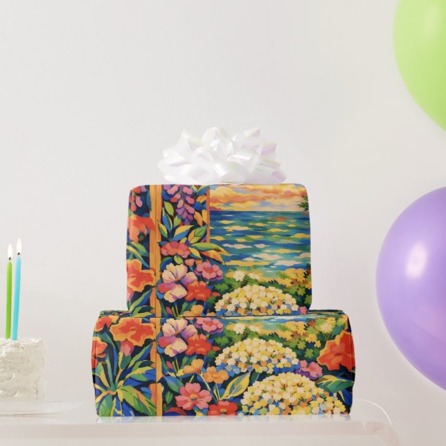 Vibrant Floral Ocean Sunset Garden – Fauve  Wrapping Paper (Party Gifts)