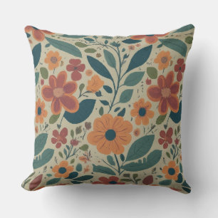 Vibrant floral orange teal retro pattern design cushion