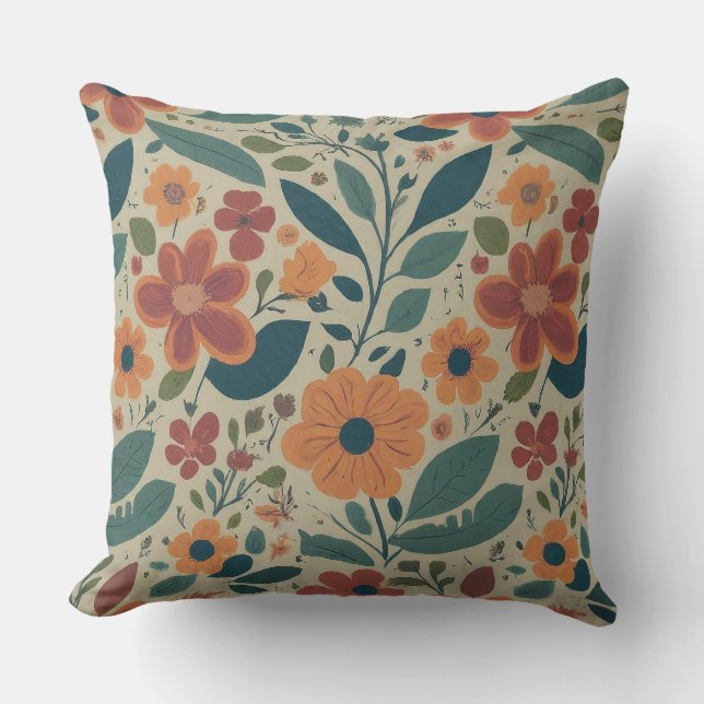 Vibrant floral orange teal retro pattern design cushion (Front)