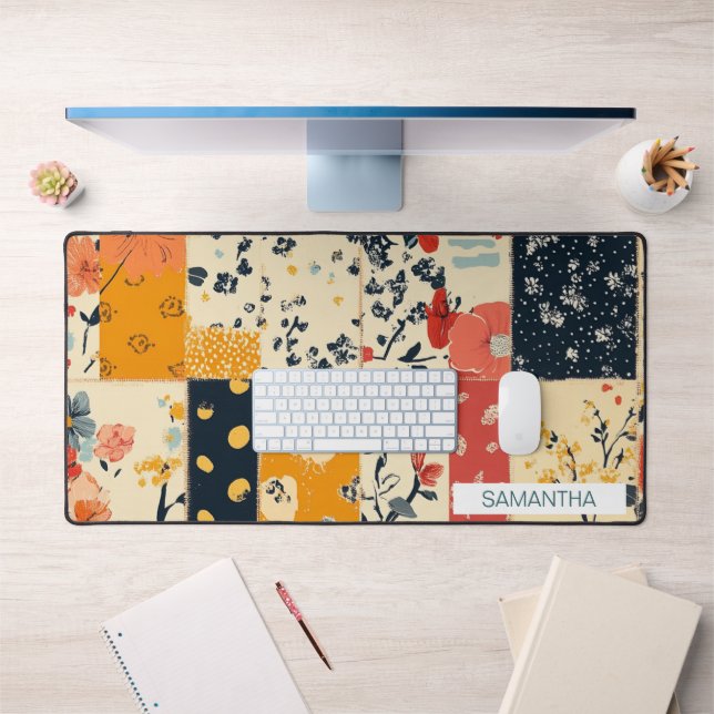 Vibrant Floral Patchwork Quilt in Warm Tones Desk Mat (Office 1)