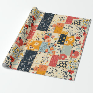 Vibrant Floral Patchwork Quilt in Warm Tones Wrapping Paper