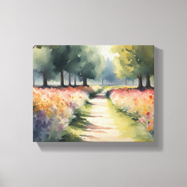 Vibrant Floral Path Watercolor Painting Canvas Print (Front)