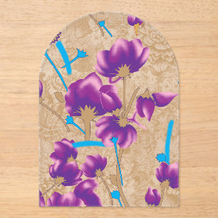 Vibrant floral pattern featuring purple and blue f acrylic invitations