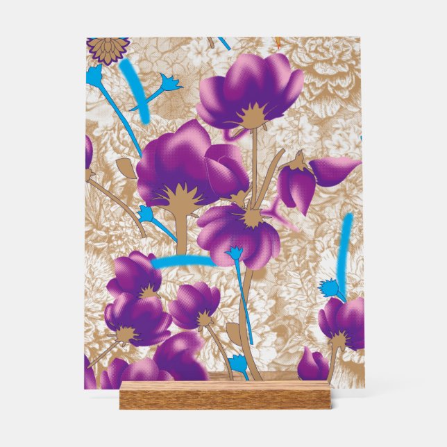 Vibrant floral pattern featuring purple and blue f acrylic sign (Front)