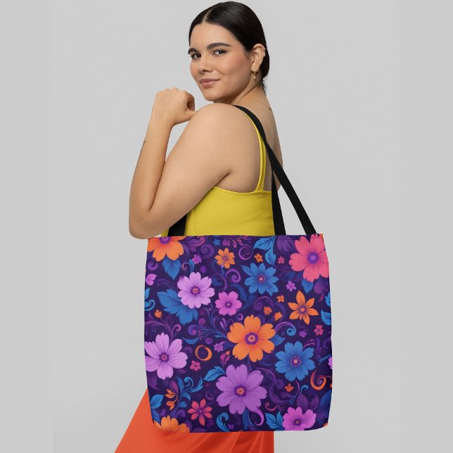 Vibrant floral pattern flowers swirling leaves  tote bag (Creator Uploaded)