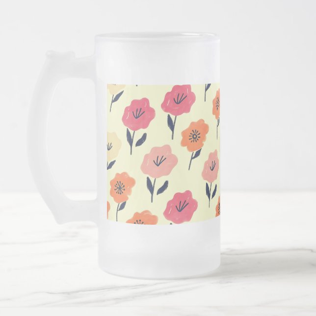 Vibrant Floral Pattern Frosted Glass Beer Mug (Left)