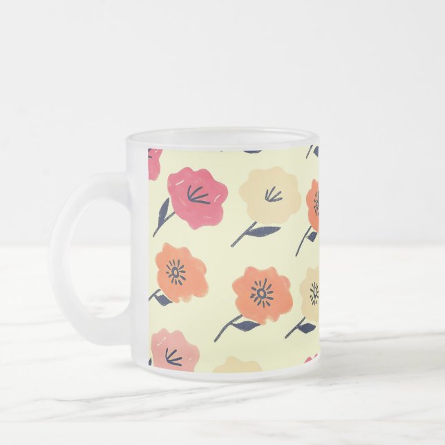 Vibrant Floral Pattern Frosted Glass Coffee Mug (Left)