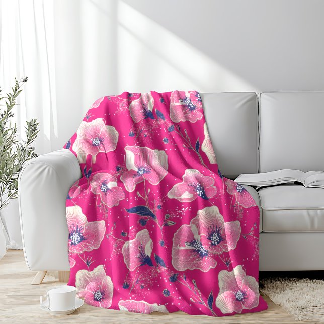 Vibrant Floral Pattern in Pink, White & Royal Blue Fleece Blanket (Creator Uploaded)