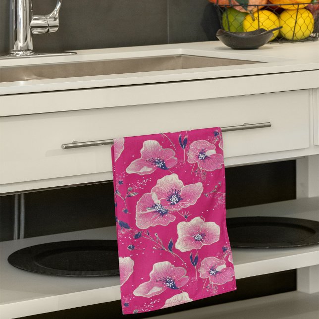 Vibrant Floral Pattern in Pink, White & Royal Blue Tea Towel (Creator Uploaded)