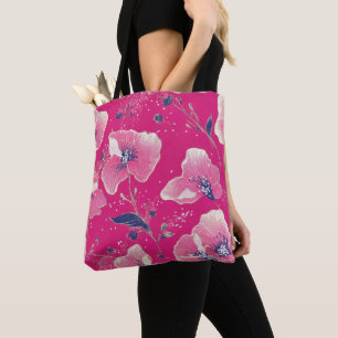 Vibrant Floral Pattern in Pink, White & Royal Blue Tote Bag
