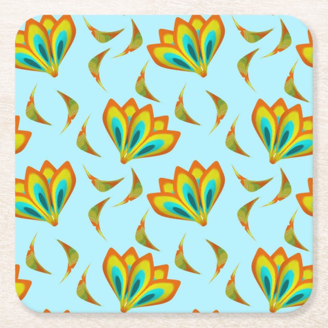 Vibrant floral pattern on light blue background square paper coaster (Front)