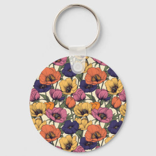 Vibrant Floral Pattern with Colorful Poppies Key Ring