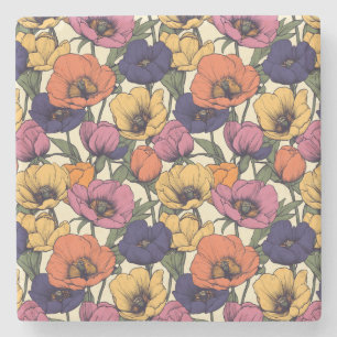 Vibrant Floral Pattern with Colorful Poppies Stone Coaster