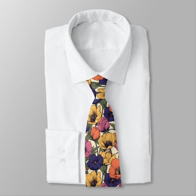 Vibrant Floral Pattern with Colorful Poppies Tie (Tied)